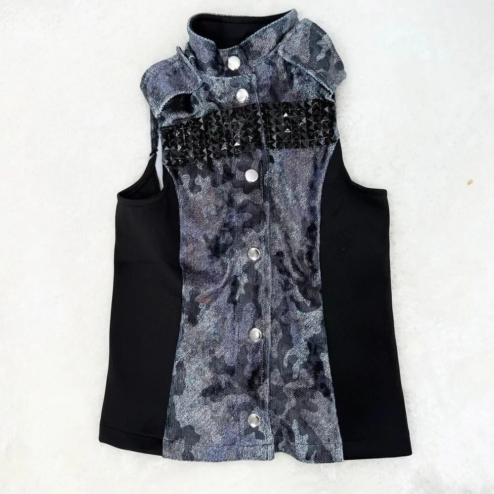 Weissman Silver Purple Sleeveless Dance Top and Matching Black Leggings Set / St